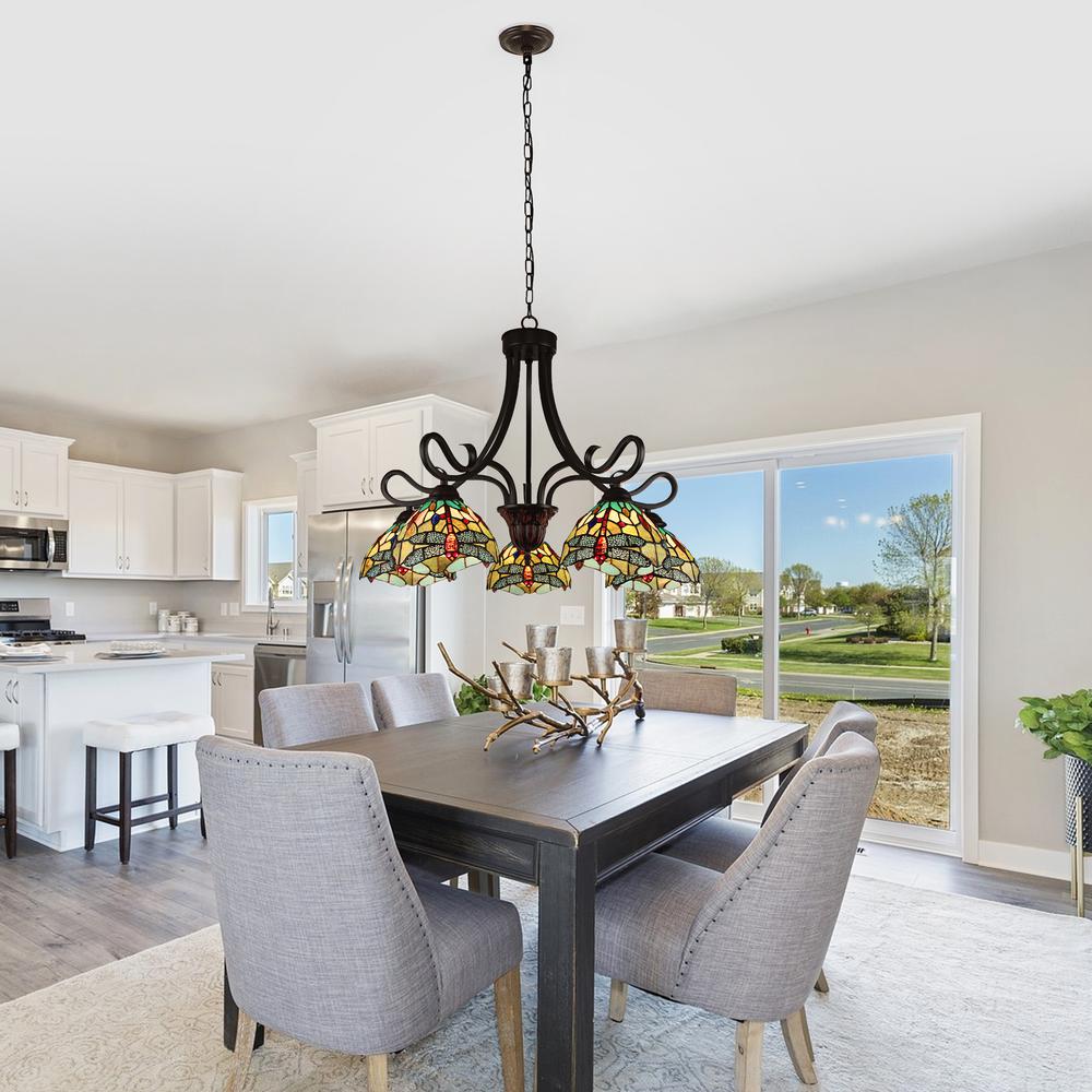 CHLOE Lighting EMPRESS Dragonfly Tiffany-style Dark Bronze 5 Light Large Chandelier 27 " Wide. Picture 7