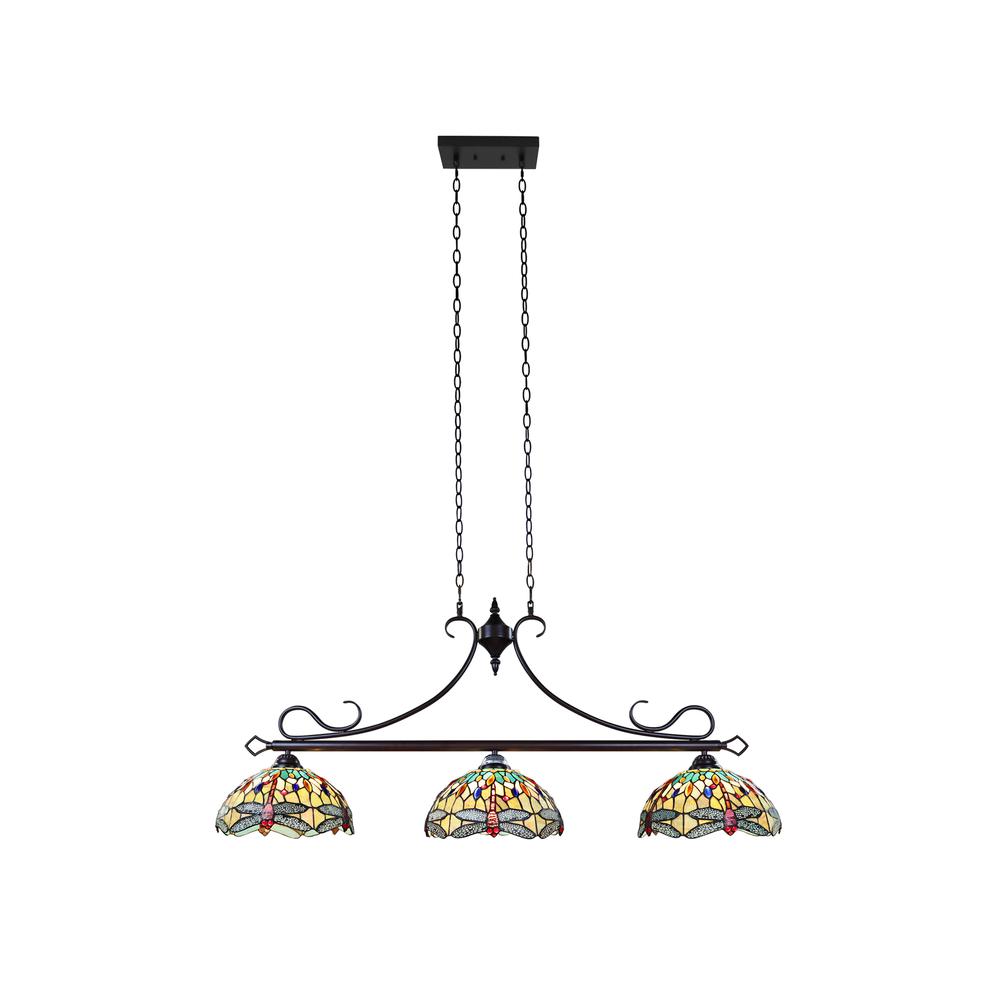 CHLOE Lighting EMPRESS Dragonfly Tiffany-Style Dark Bronze 3 Light Island Pendant, 48" Wide. Picture 1
