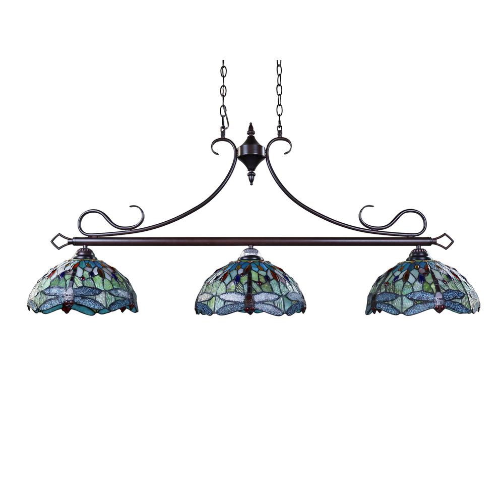 CHLOE Lighting EMPRESS Dragonfly Tiffany-Style Dark Bronze 3 Light Island Pendant, 48" Wide. Picture 4