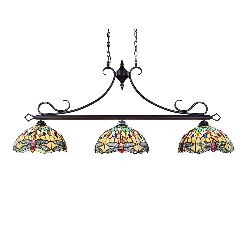 CHLOE Lighting EMPRESS Dragonfly Tiffany-Style Dark Bronze 3 Light Island Pendant, 48" Wide. Picture 5