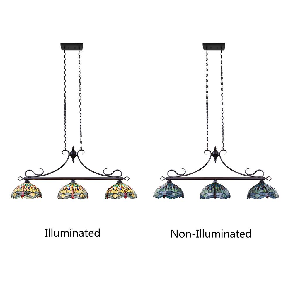 CHLOE Lighting EMPRESS Dragonfly Tiffany-Style Dark Bronze 3 Light Island Pendant, 48" Wide. Picture 6