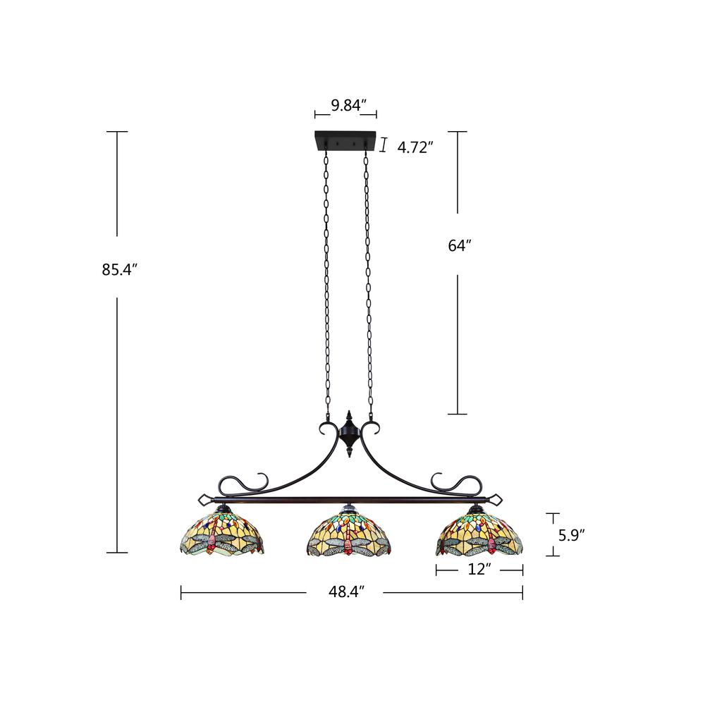 CHLOE Lighting EMPRESS Dragonfly Tiffany-Style Dark Bronze 3 Light Island Pendant, 48" Wide. Picture 8