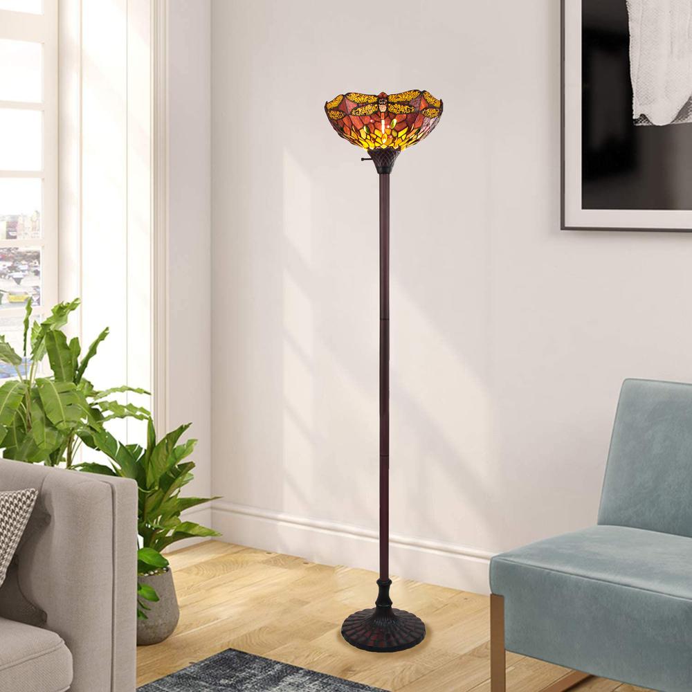 CHLOE Lighting EMPRESS Dragonfly Tiffany-style Dark Bronze 1 Light Torchiere Lamp 14" Wide. Picture 4