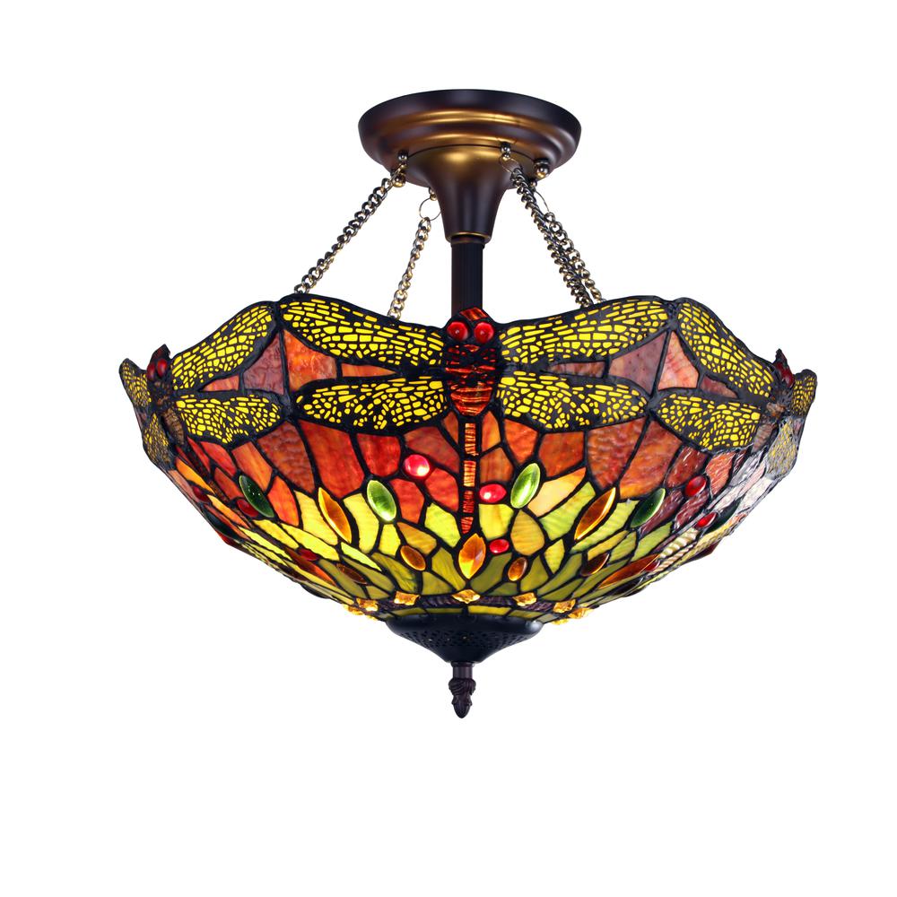 CHLOE Lighting EMPRESS Dragonfly Tiffany-style Dark Bronze 2 Light Semi-Flush 16" Wide. Picture 1