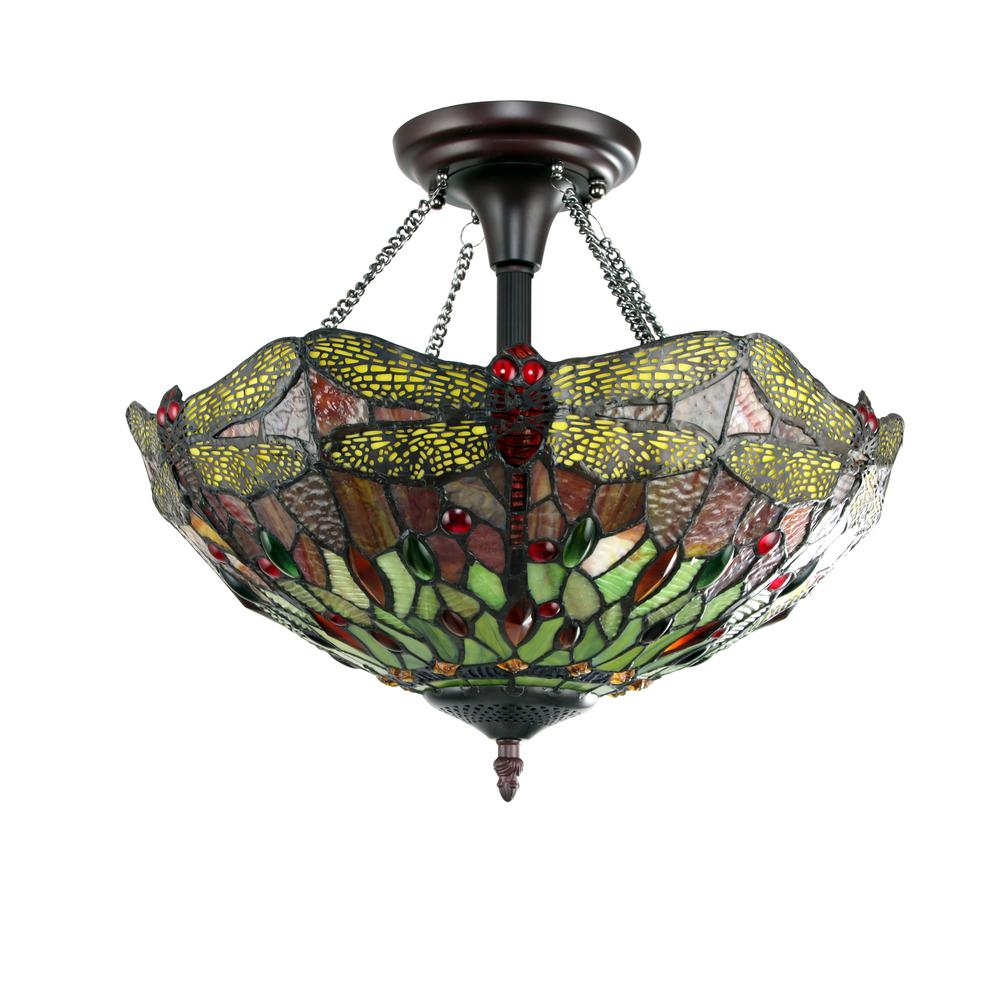 CHLOE Lighting EMPRESS Dragonfly Tiffany-style Dark Bronze 2 Light Semi-Flush 16" Wide. Picture 2
