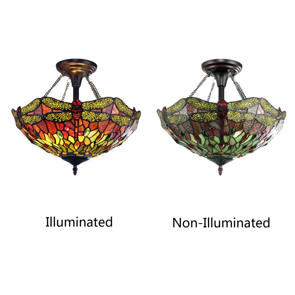 CHLOE Lighting EMPRESS Dragonfly Tiffany-style Dark Bronze 2 Light Semi-Flush 16" Wide. Picture 6
