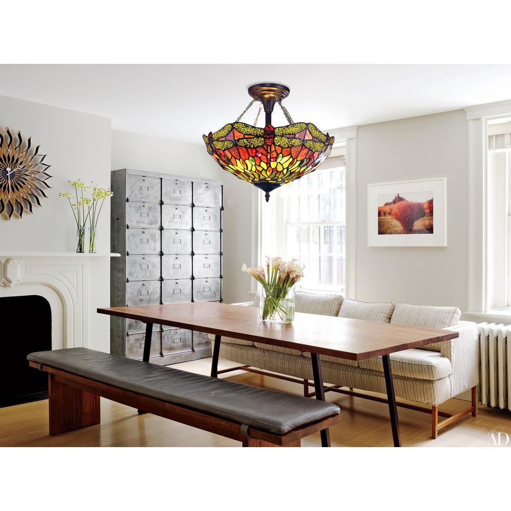 CHLOE Lighting EMPRESS Dragonfly Tiffany-style Dark Bronze 2 Light Semi-Flush 16" Wide. Picture 3