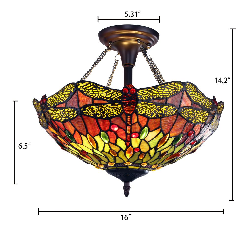 CHLOE Lighting EMPRESS Dragonfly Tiffany-style Dark Bronze 2 Light Semi-Flush 16" Wide. Picture 4
