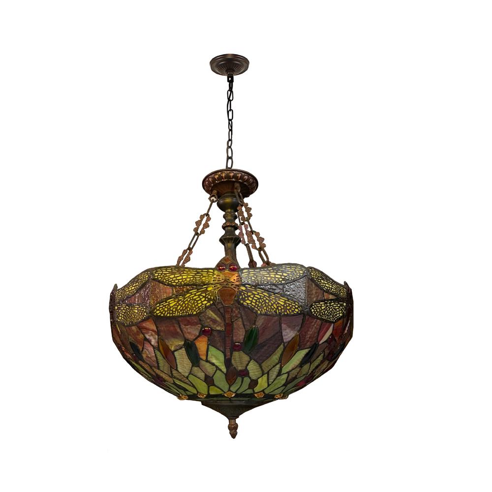 CHLOE Lighting EMPRESS Dragonfly Tiffany-style Dark Bronze 3 Light Inverted Pendant 18" Wide. Picture 2