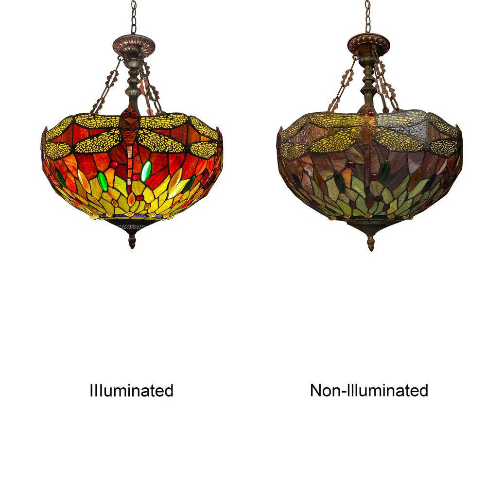 CHLOE Lighting EMPRESS Dragonfly Tiffany-style Dark Bronze 3 Light Inverted Pendant 18" Wide. Picture 4