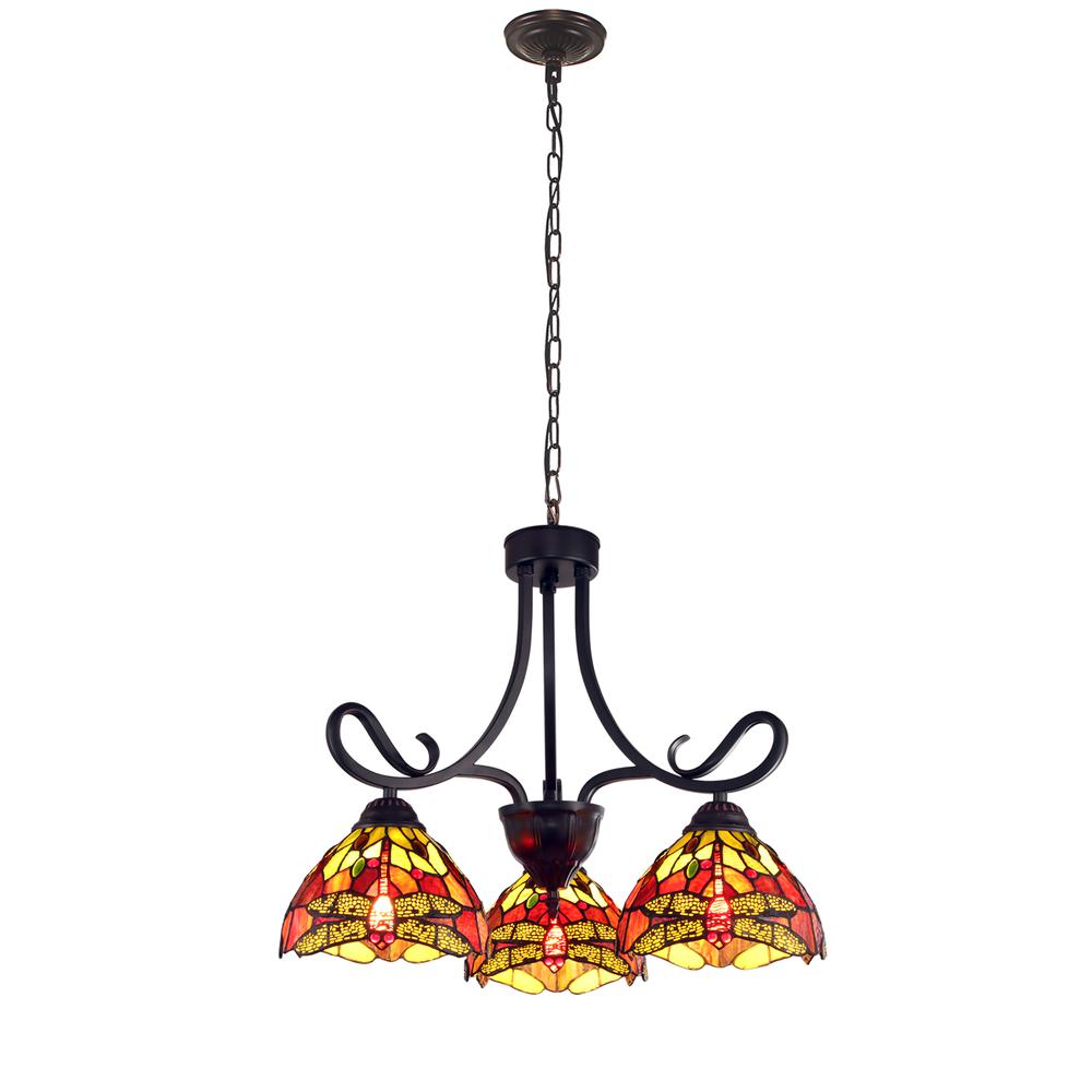 CHLOE Lighting EMPRESS Dragonfly Tiffany-style Dark Bronze 3 Light Mini Chandelier 24" Wide. Picture 1
