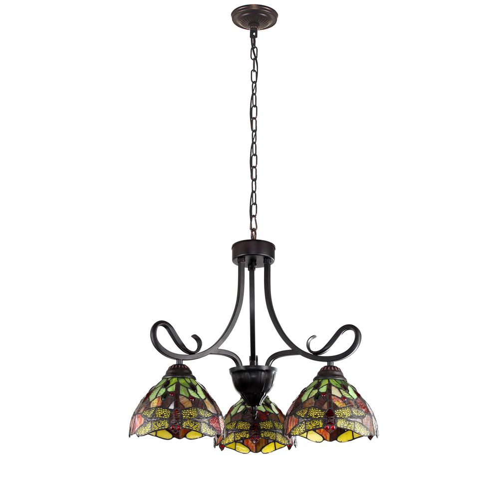 CHLOE Lighting EMPRESS Dragonfly Tiffany-style Dark Bronze 3 Light Mini Chandelier 24" Wide. Picture 2