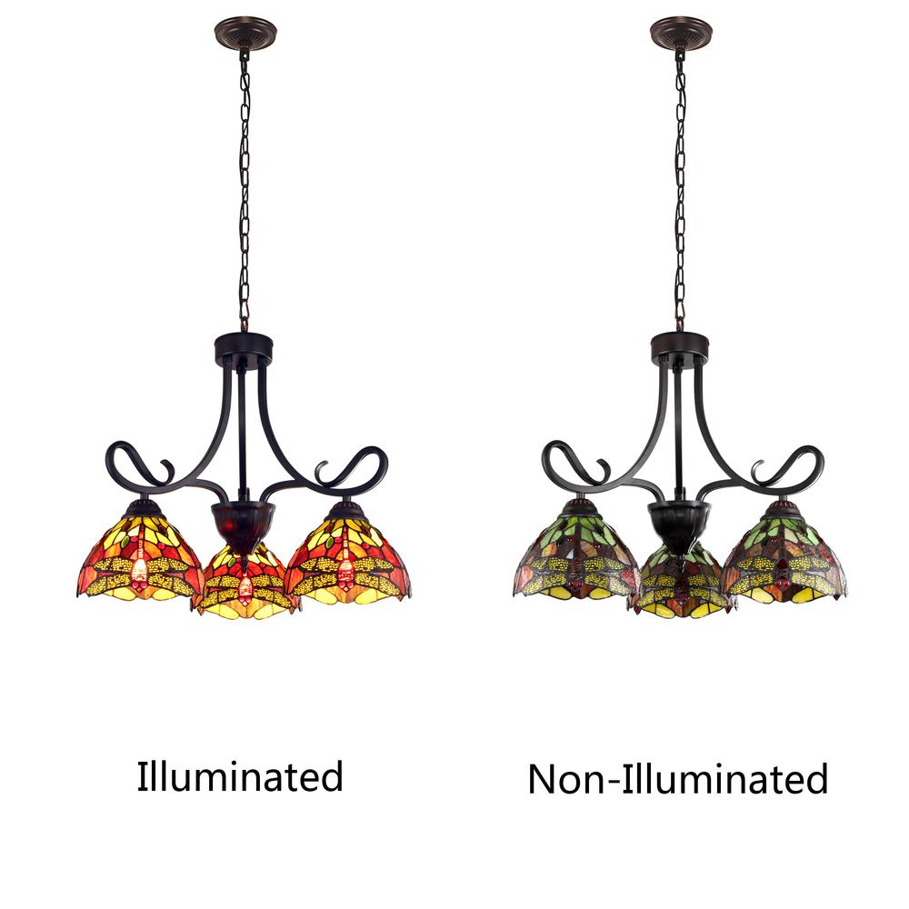 CHLOE Lighting EMPRESS Dragonfly Tiffany-style Dark Bronze 3 Light Mini Chandelier 24" Wide. Picture 3