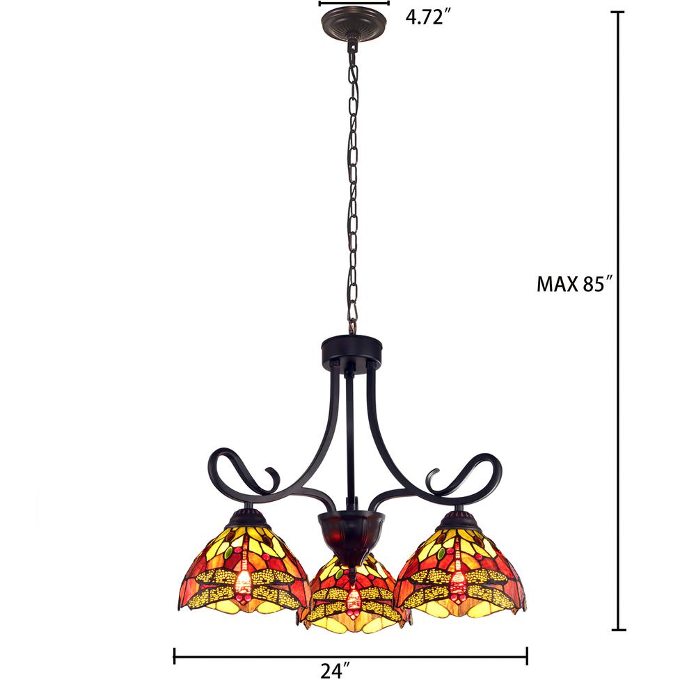 CHLOE Lighting EMPRESS Dragonfly Tiffany-style Dark Bronze 3 Light Mini Chandelier 24" Wide. Picture 6