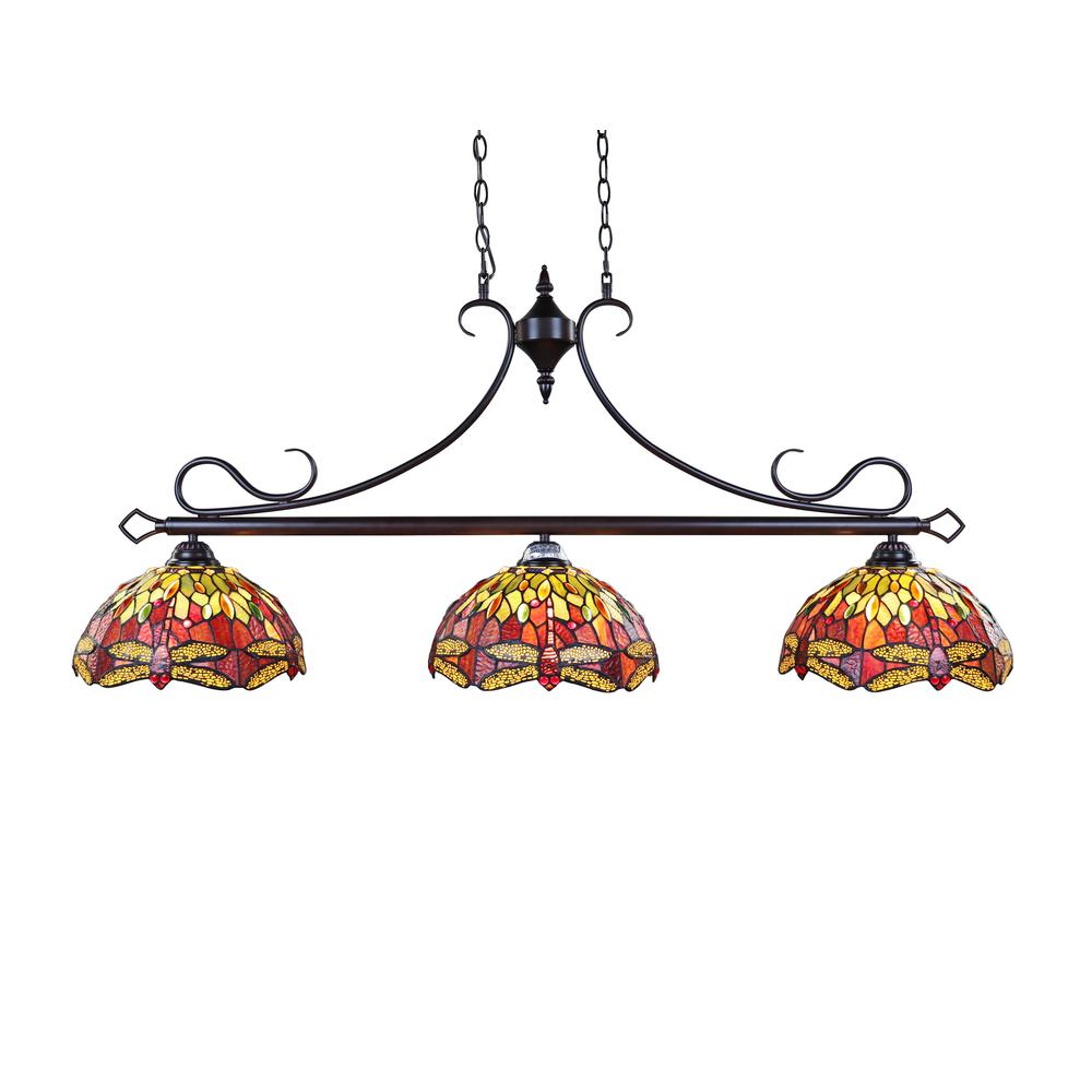 CHLOE Lighting EMPRESS Dragonfly Tiffany-Style Dark Bronze 3 Light Island Pendant 48" Wide. Picture 3