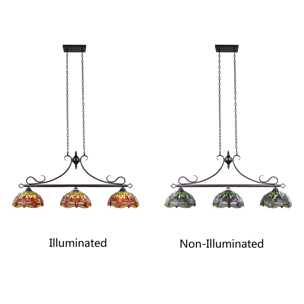 CHLOE Lighting EMPRESS Dragonfly Tiffany-Style Dark Bronze 3 Light Island Pendant 48" Wide. Picture 4
