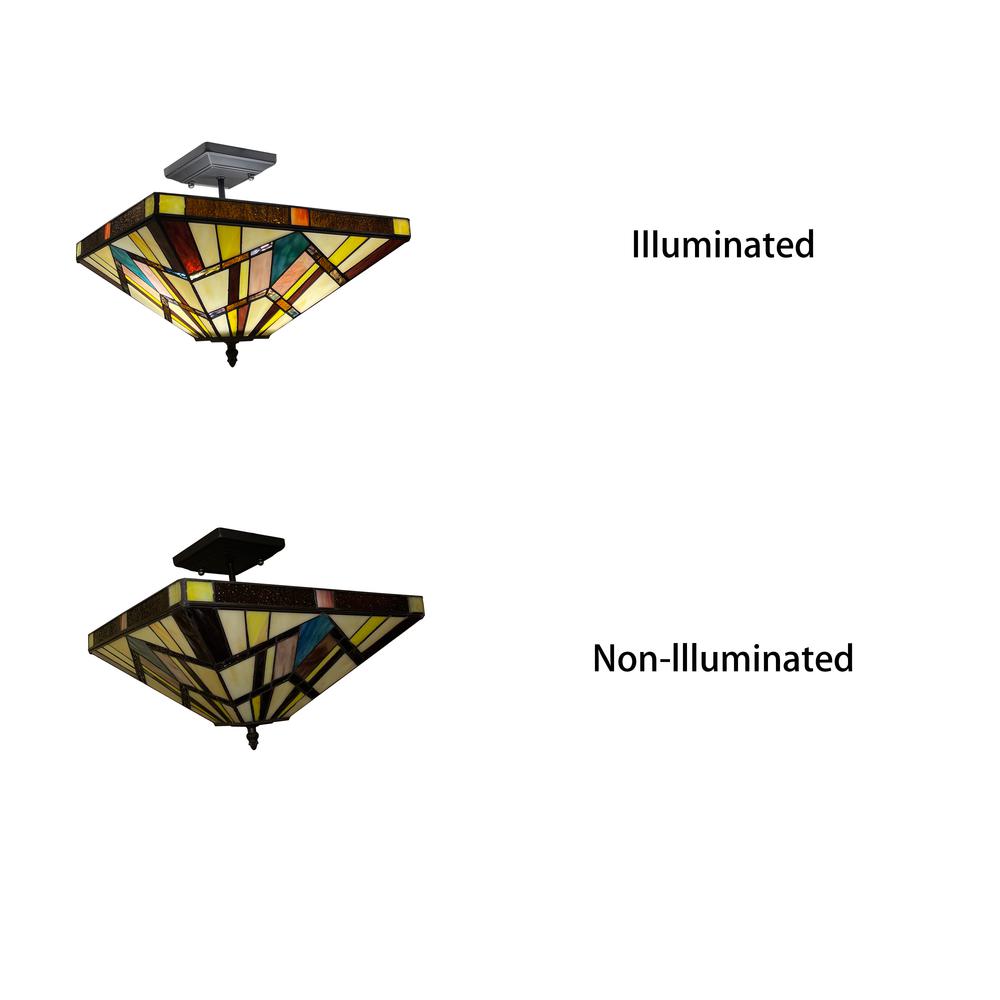 CHLOE Lighting VINCENT Mission Tiffany-style Blackish Bronze 2 Light Semi-Flush 14" Wide. Picture 4