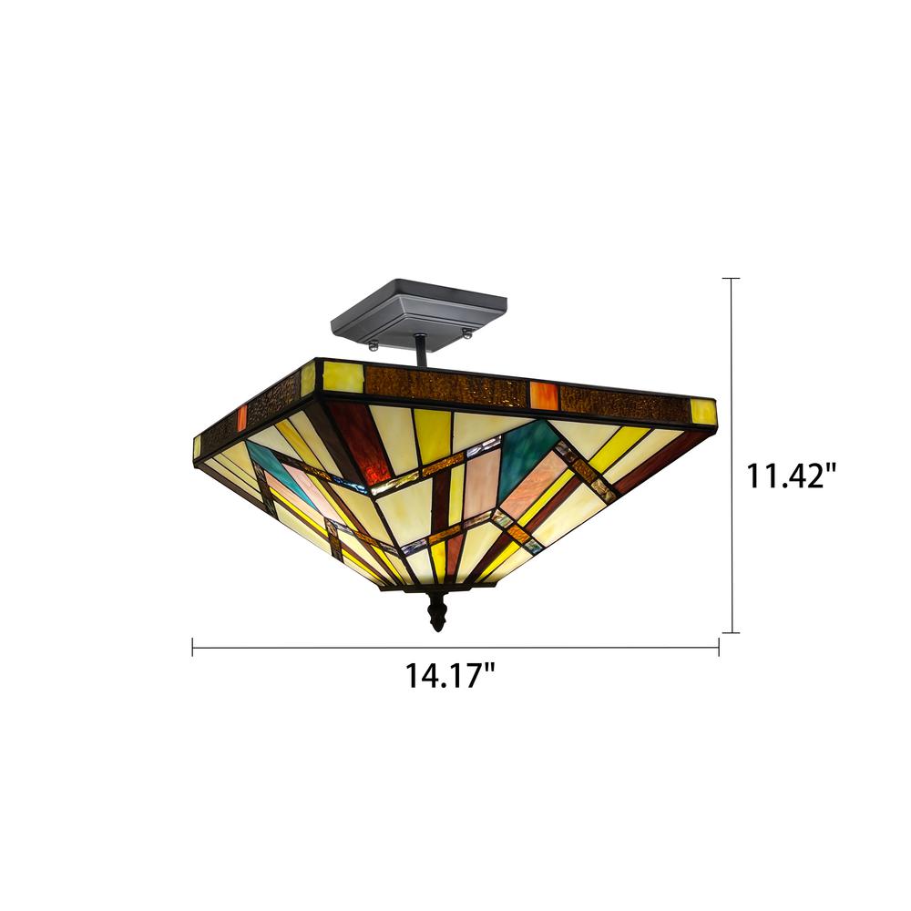CHLOE Lighting VINCENT Mission Tiffany-style Blackish Bronze 2 Light Semi-Flush 14" Wide. Picture 6