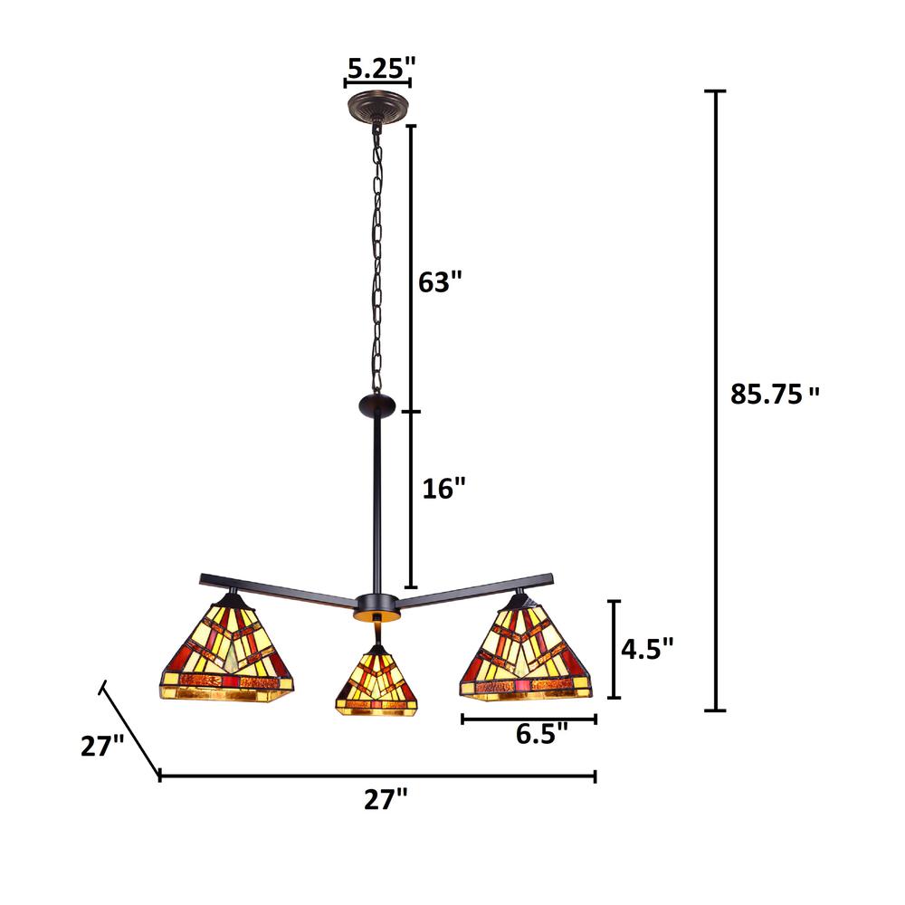 CHLOE Lighting VINCENT Mission Tiffany-style Blackish Bronze 3 Light Chandelier 27" Wide. Picture 7