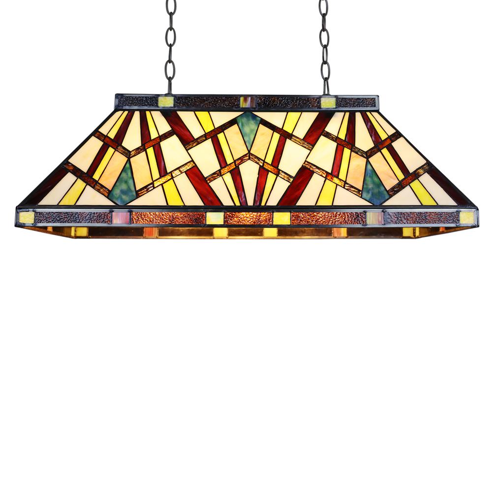 CHLOE Lighting VINCENT Mission Tiffany-Style 3 Light Island Pendant 28" Wide. Picture 1