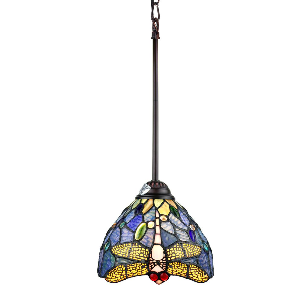 CHLOE Lighting SUNNIVA Dragonfly Tiffany-Style 1 Light Mini-Pendant 8" Wide. Picture 3