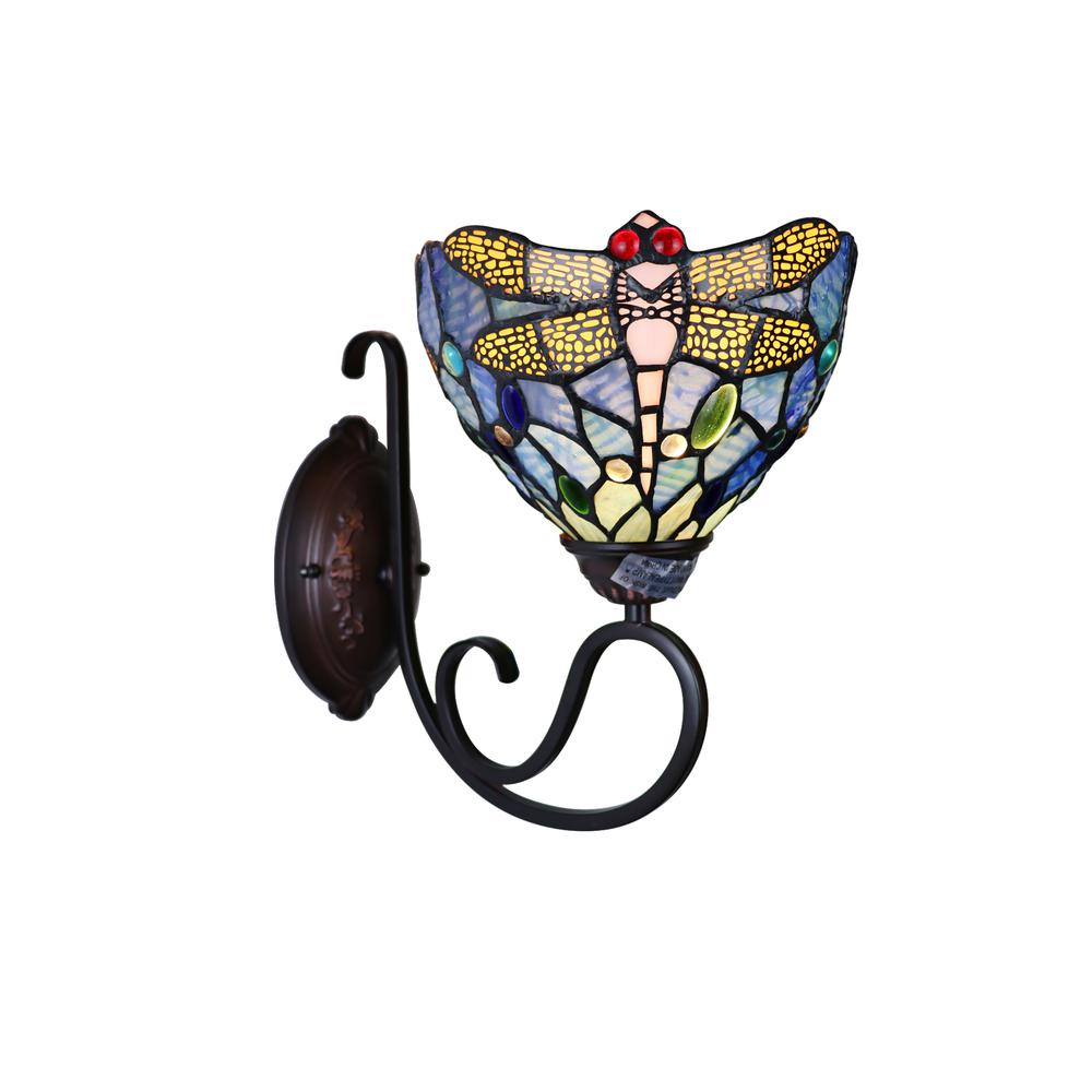 CHLOE Lighting SUNNIVA Dragonfly Tiffany-Style Dark Bronze 1 Light Wall Sconce 8" Wide. Picture 1