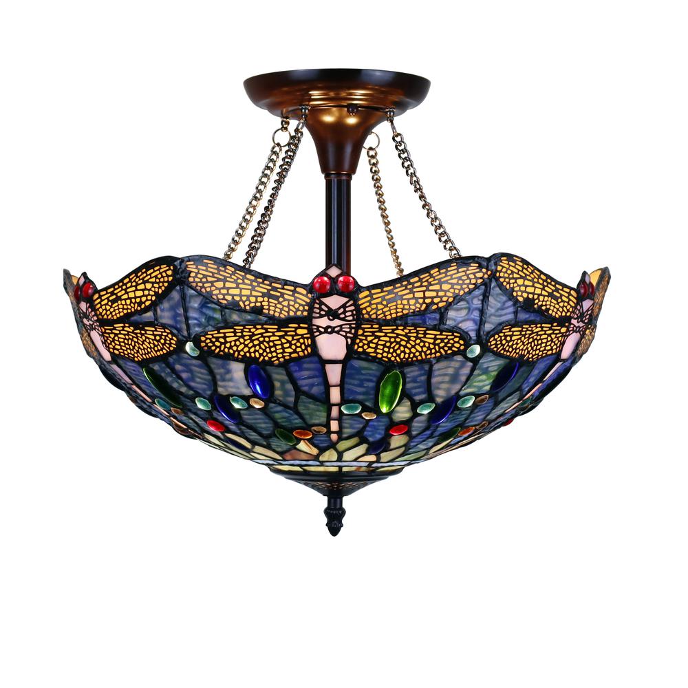 CHLOE Lighting SUNNIVA Dragonfly Tiffany-Style Dark Bronze 2 Light Semi-Flush Ceiling Fixture 16" Wide. Picture 2