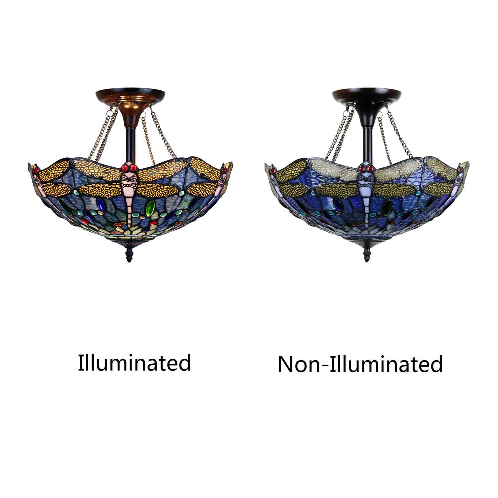 CHLOE Lighting SUNNIVA Dragonfly Tiffany-Style Dark Bronze 2 Light Semi-Flush Ceiling Fixture 16" Wide. Picture 6