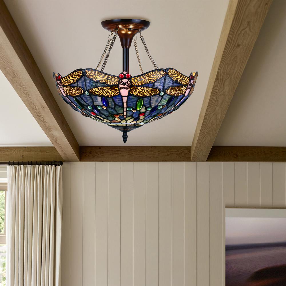 CHLOE Lighting SUNNIVA Dragonfly Tiffany-Style Dark Bronze 2 Light Semi-Flush Ceiling Fixture 16" Wide. Picture 7