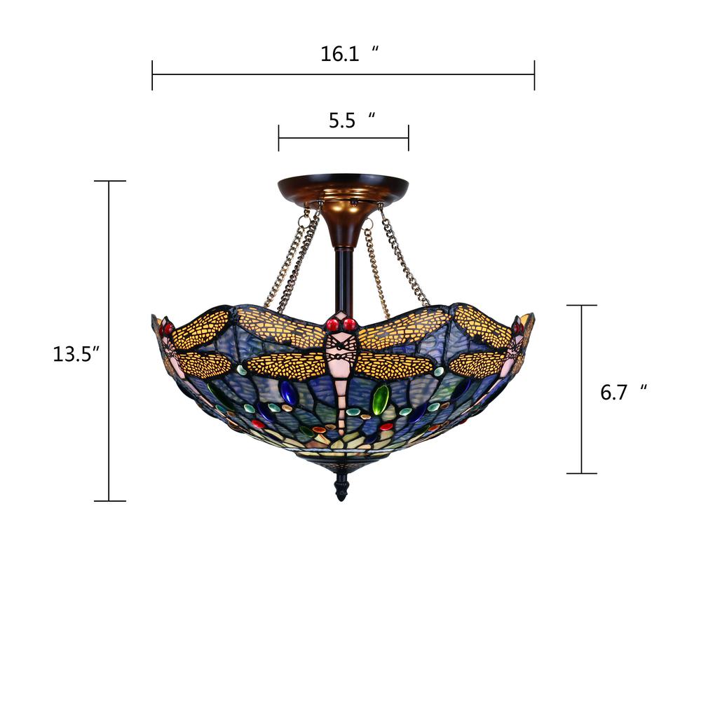 CHLOE Lighting SUNNIVA Dragonfly Tiffany-Style Dark Bronze 2 Light Semi-Flush Ceiling Fixture 16" Wide. Picture 8