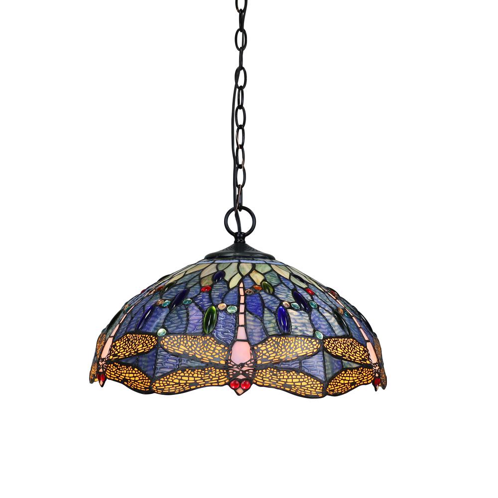 CHLOE Lighting SUNNIVA Dragonfly Tiffany-Style Dark Bronze 2 OR 3 Light Ceiling Pendant 18" Wide. Picture 1