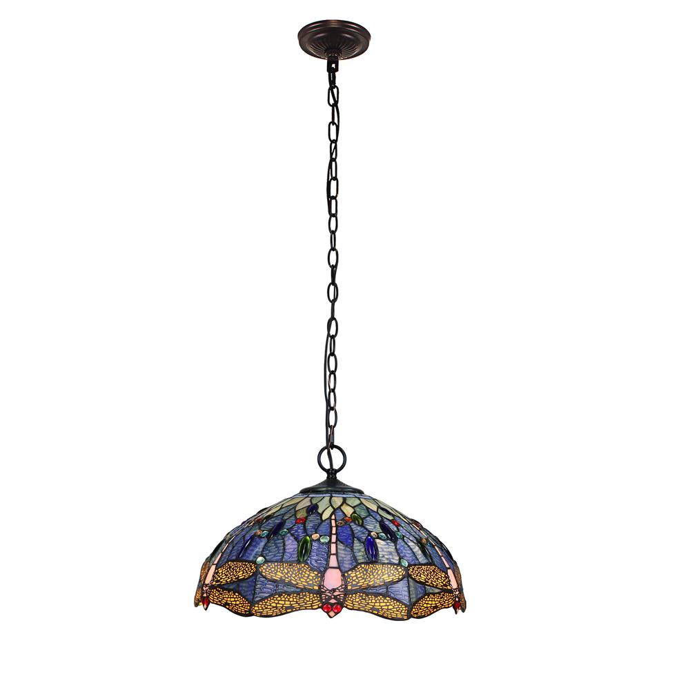 CHLOE Lighting SUNNIVA Dragonfly Tiffany-Style Dark Bronze 2 OR 3 Light Ceiling Pendant 18" Wide. Picture 3