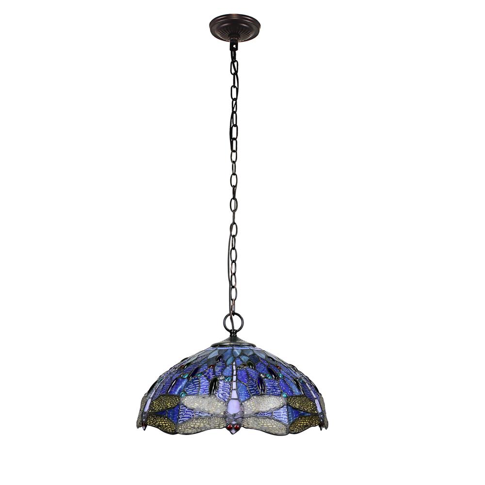 CHLOE Lighting SUNNIVA Dragonfly Tiffany-Style Dark Bronze 2 OR 3 Light Ceiling Pendant 18" Wide. Picture 4