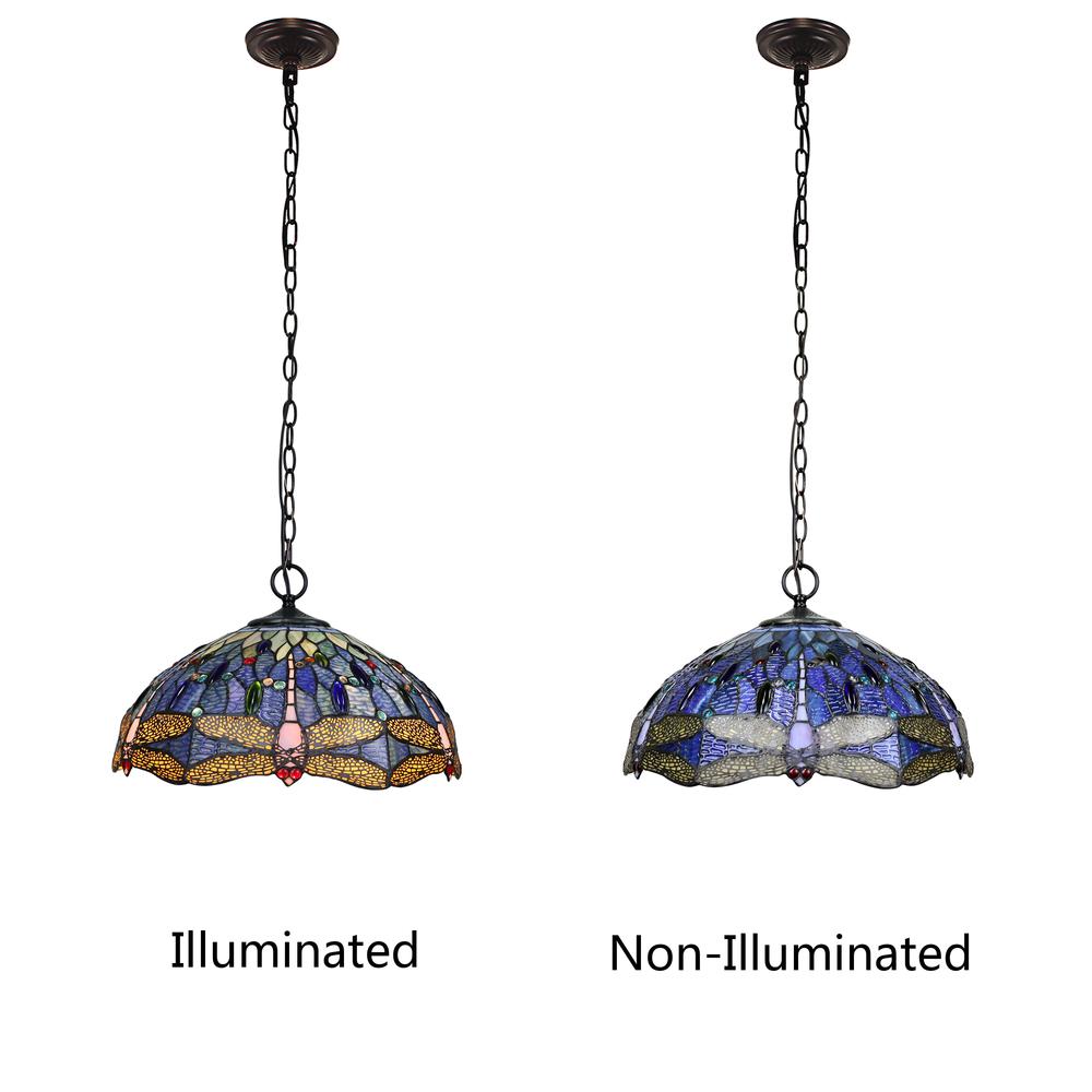 CHLOE Lighting SUNNIVA Dragonfly Tiffany-Style Dark Bronze 2 OR 3 Light Ceiling Pendant 18" Wide. Picture 9
