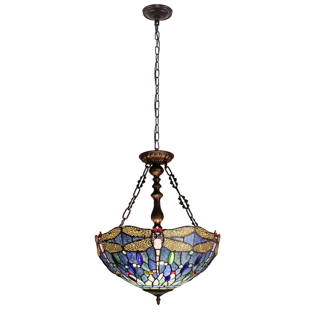Sunniva Dragonfly Tiffany-Style 3-Light Inverted Ceiling Pendant 18" Shade. Picture 1