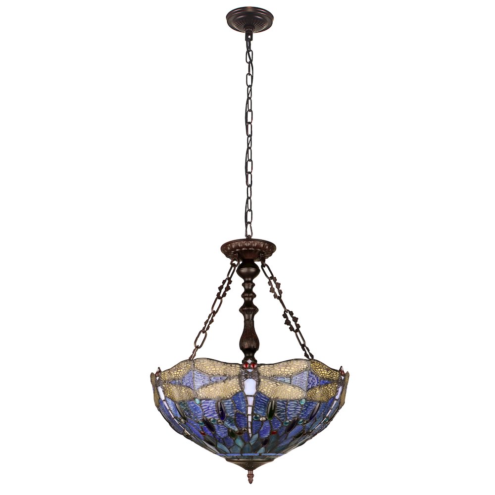Sunniva Dragonfly Tiffany-Style 3-Light Inverted Ceiling Pendant 18" Shade. Picture 2