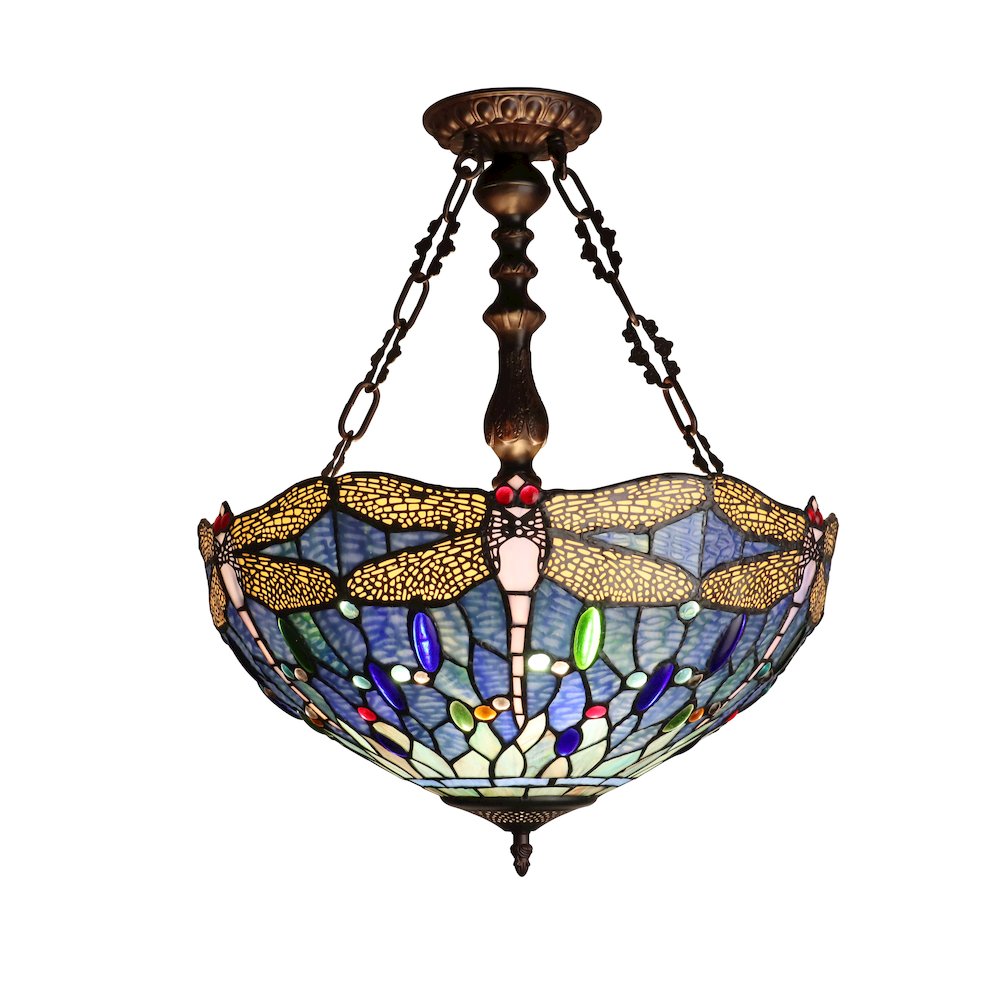 Sunniva Dragonfly Tiffany-Style 3-Light Inverted Ceiling Pendant 18" Shade. Picture 3