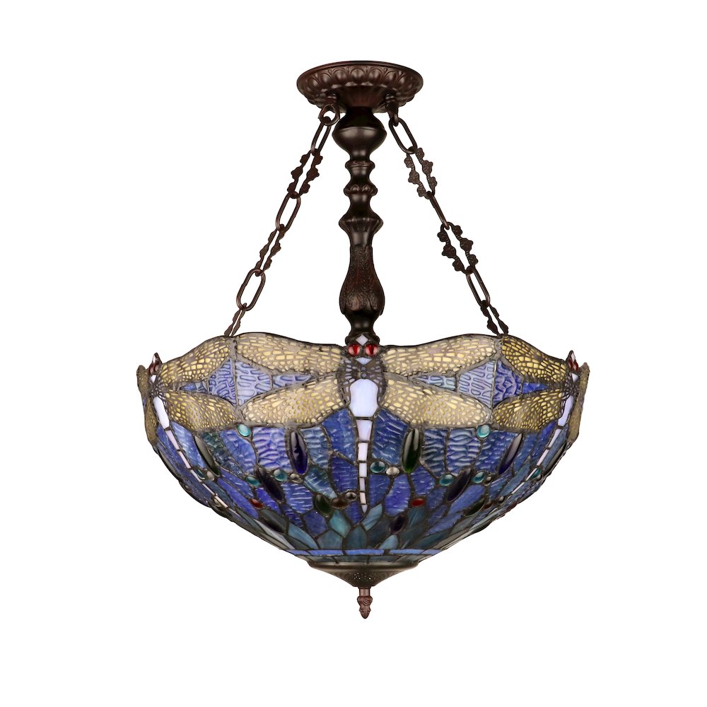 Sunniva Dragonfly Tiffany-Style 3-Light Inverted Ceiling Pendant 18" Shade. Picture 4