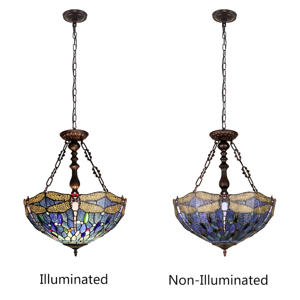 Sunniva Dragonfly Tiffany-Style 3-Light Inverted Ceiling Pendant 18" Shade. Picture 7