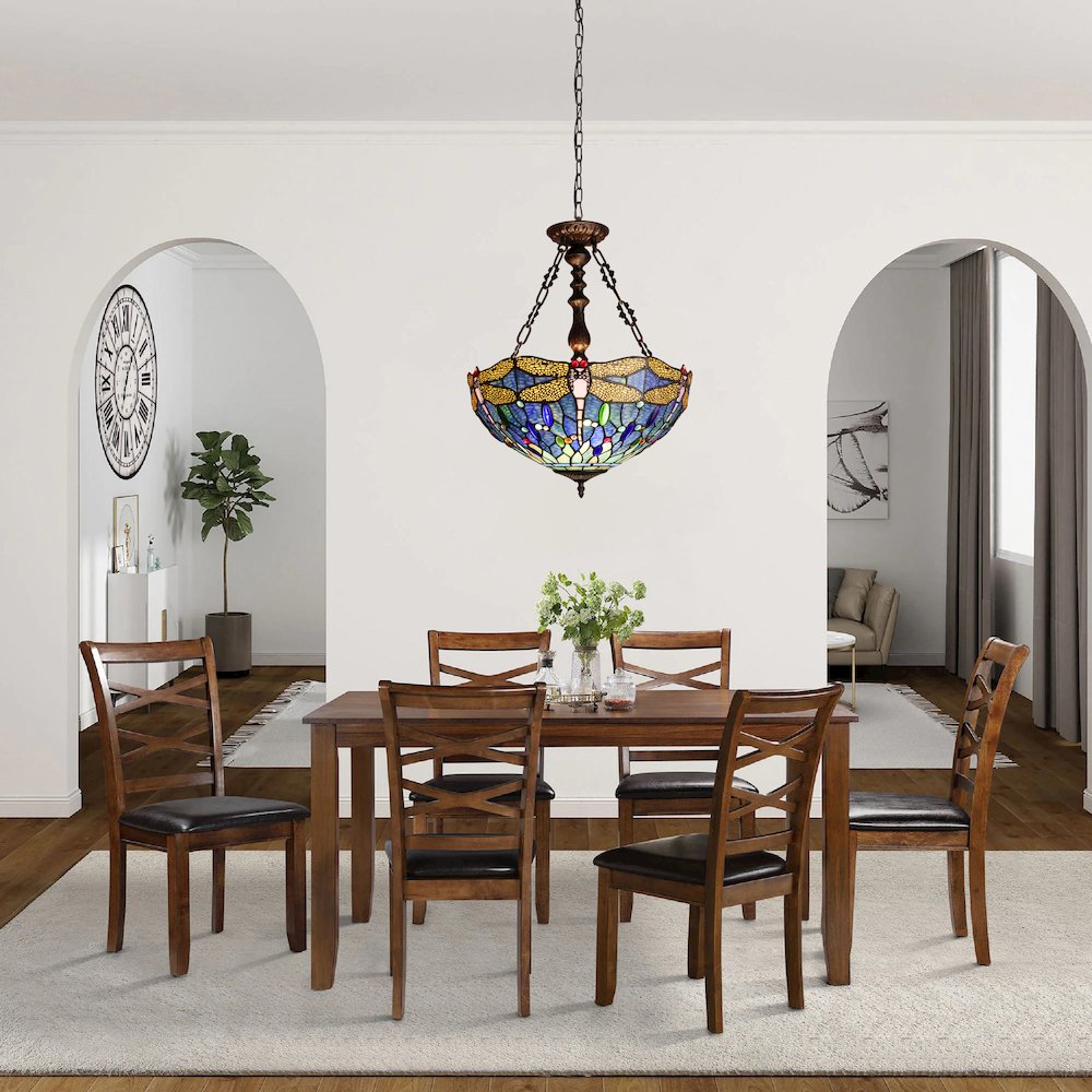 Sunniva Dragonfly Tiffany-Style 3-Light Inverted Ceiling Pendant 18" Shade. Picture 9