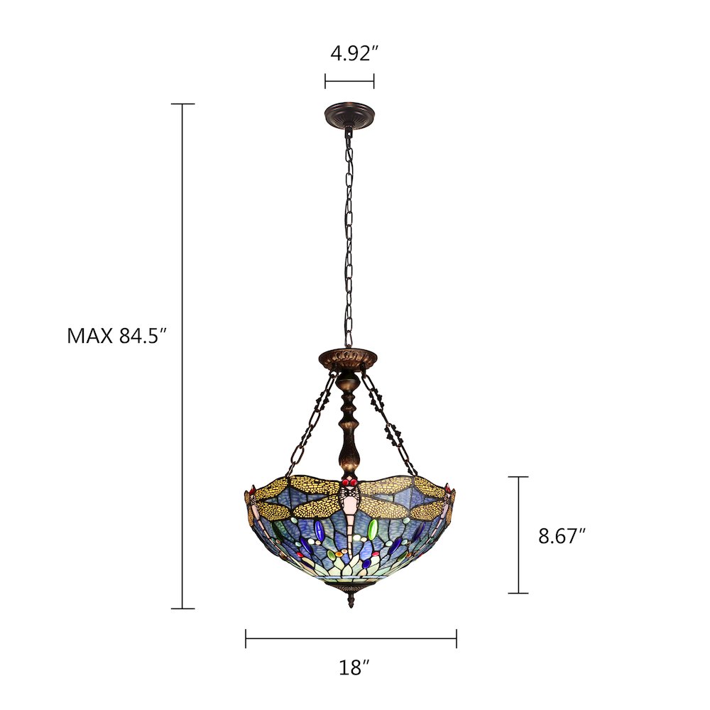 Sunniva Dragonfly Tiffany-Style 3-Light Inverted Ceiling Pendant 18" Shade. Picture 10