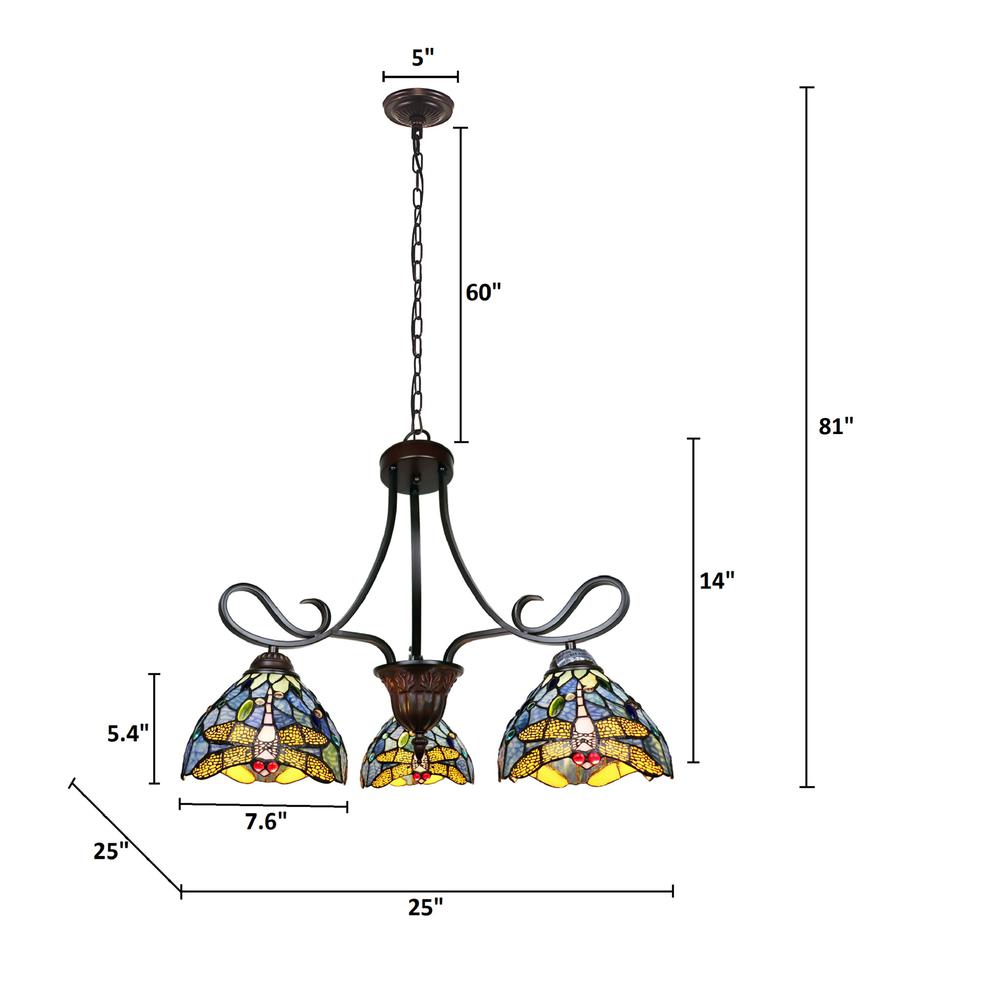 CHLOE Lighting SUNNIVA Dragonfly Tiffany-Style 3 Light Chandelier 25" Wide. Picture 5