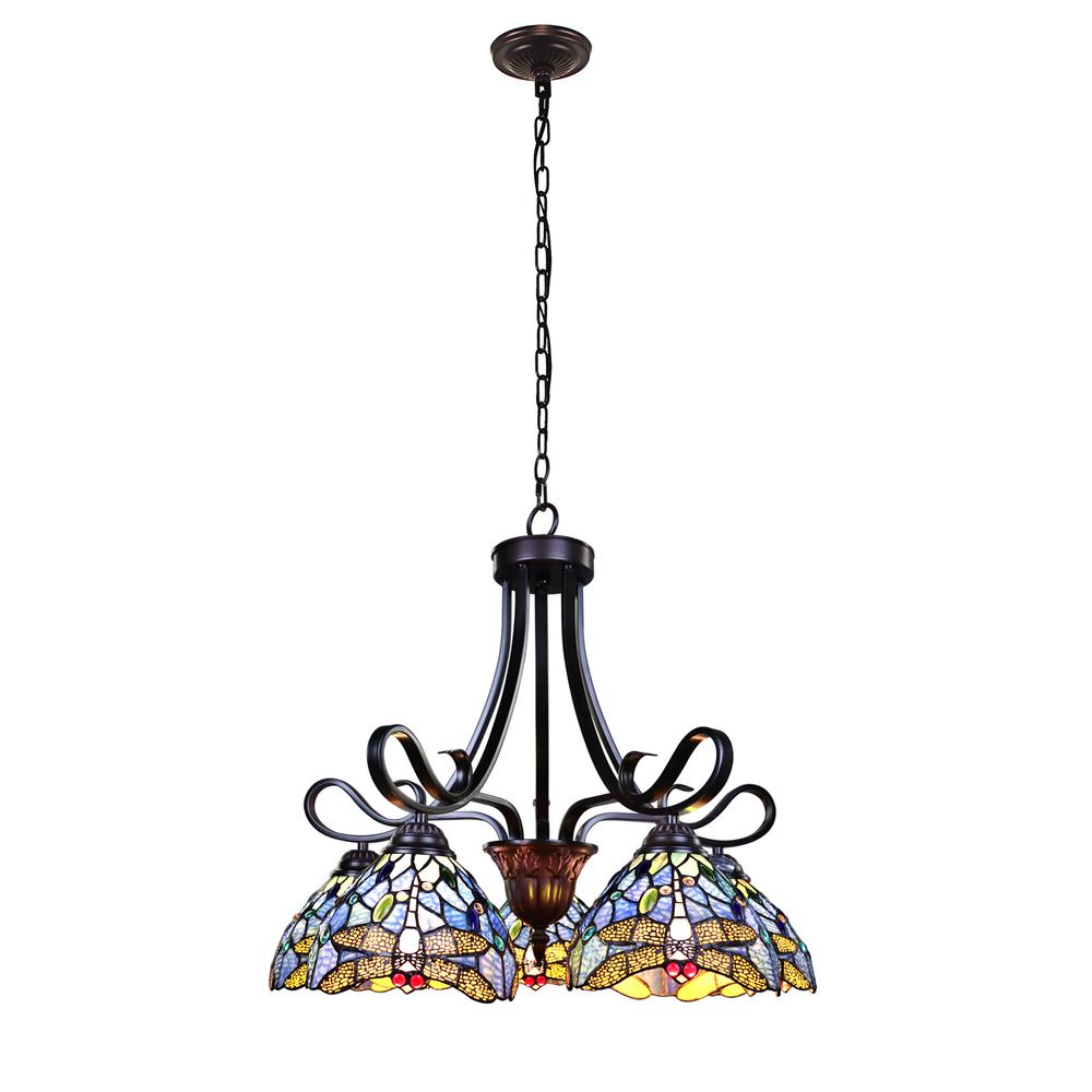 CHLOE Lighting SUNNIVA Dragonfly Tiffany-Style Dark Bronze 5 Light Chandelier 25" Wide. Picture 1