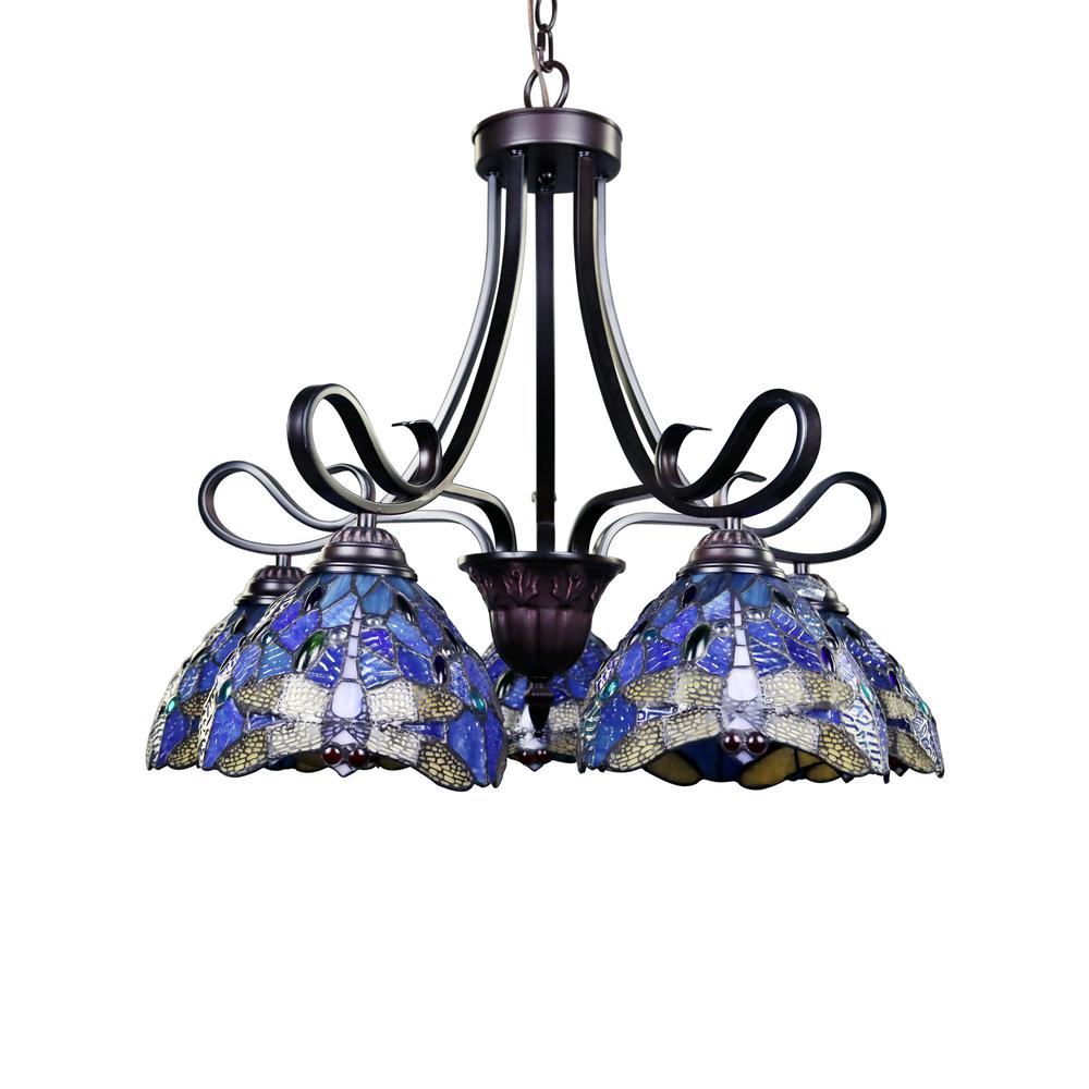 CHLOE Lighting SUNNIVA Dragonfly Tiffany-Style Dark Bronze 5 Light Chandelier 25" Wide. Picture 2