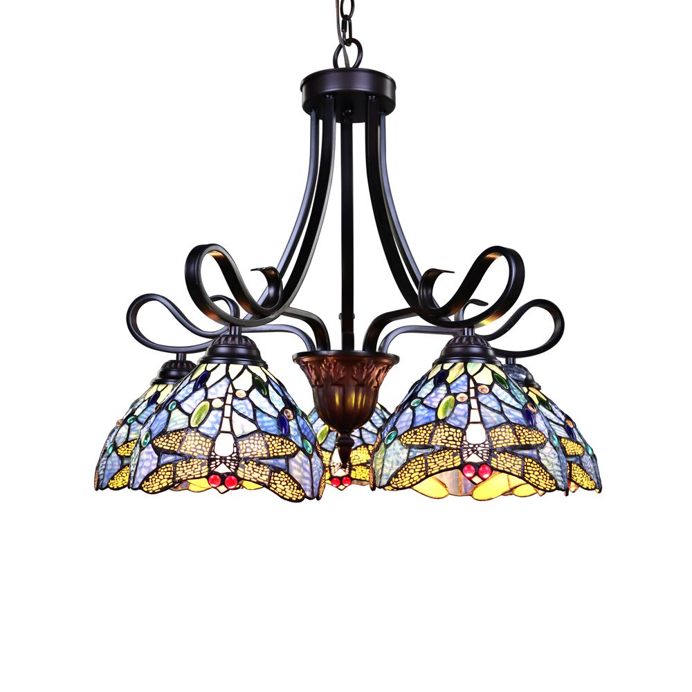 CHLOE Lighting SUNNIVA Dragonfly Tiffany-Style Dark Bronze 5 Light Chandelier 25" Wide. Picture 4