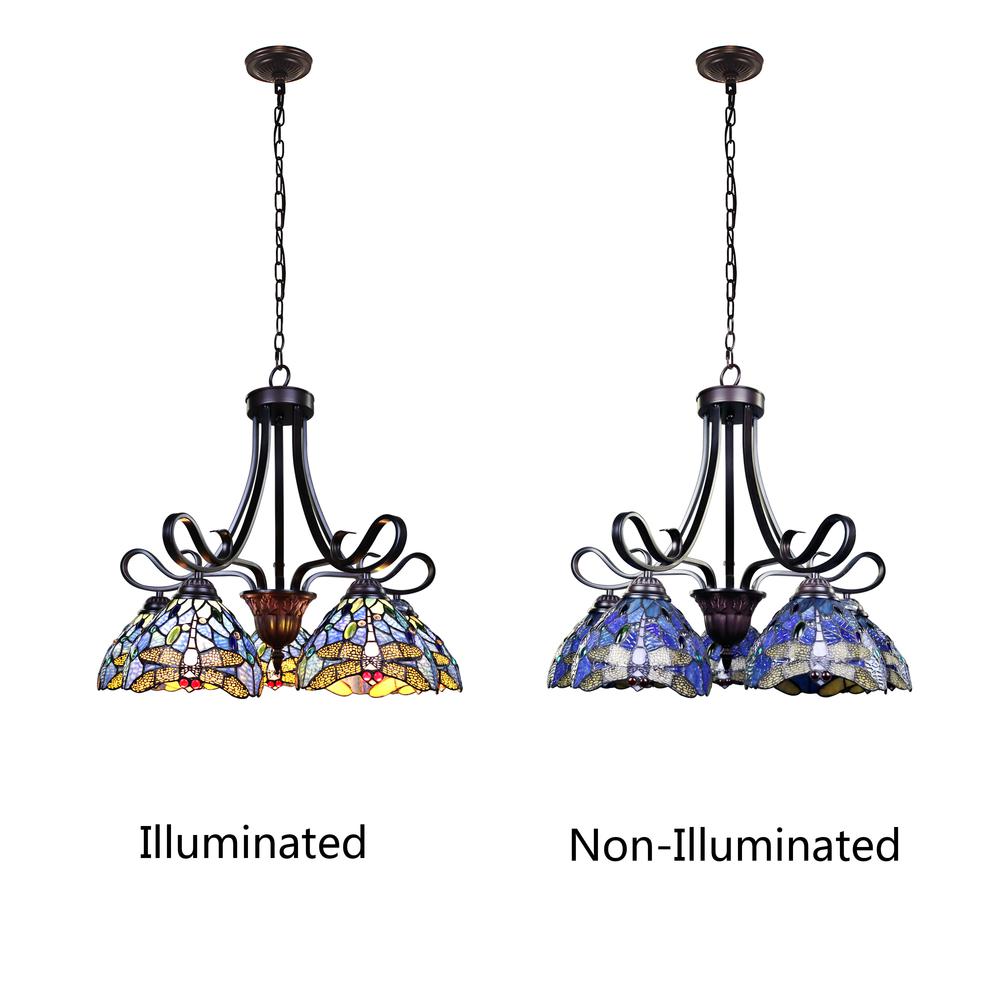CHLOE Lighting SUNNIVA Dragonfly Tiffany-Style Dark Bronze 5 Light Chandelier 25" Wide. Picture 5