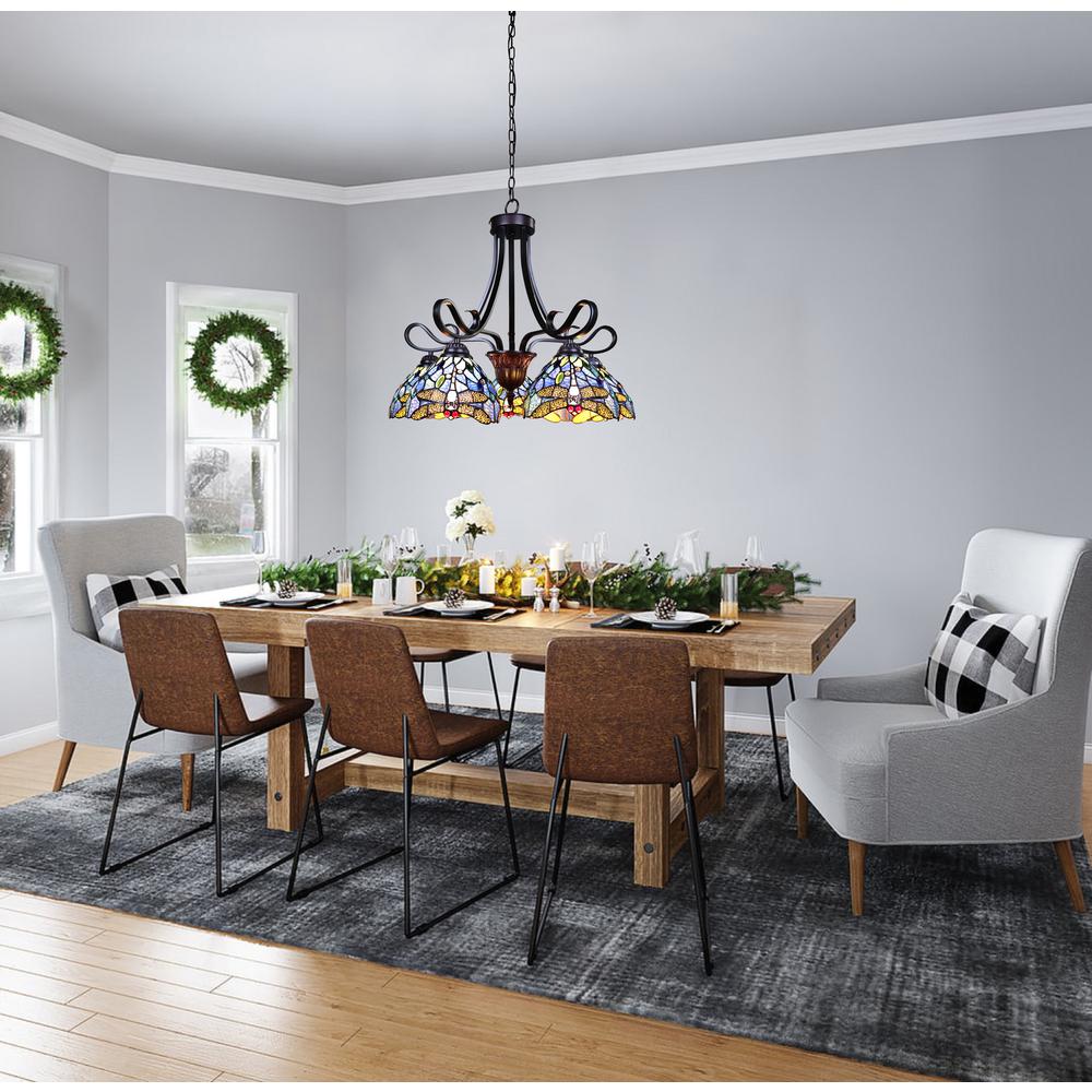 CHLOE Lighting SUNNIVA Dragonfly Tiffany-Style Dark Bronze 5 Light Chandelier 25" Wide. Picture 6