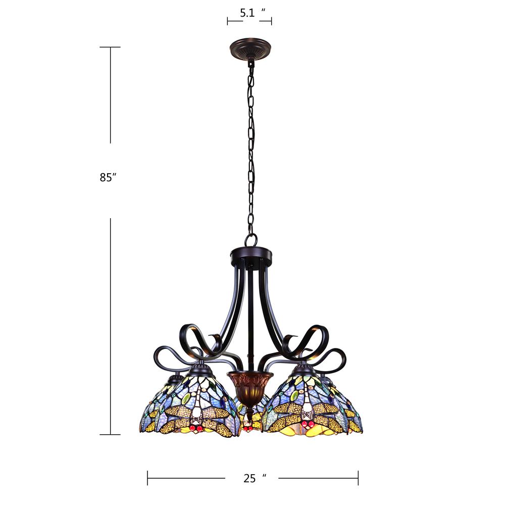 CHLOE Lighting SUNNIVA Dragonfly Tiffany-Style Dark Bronze 5 Light Chandelier 25" Wide. Picture 7