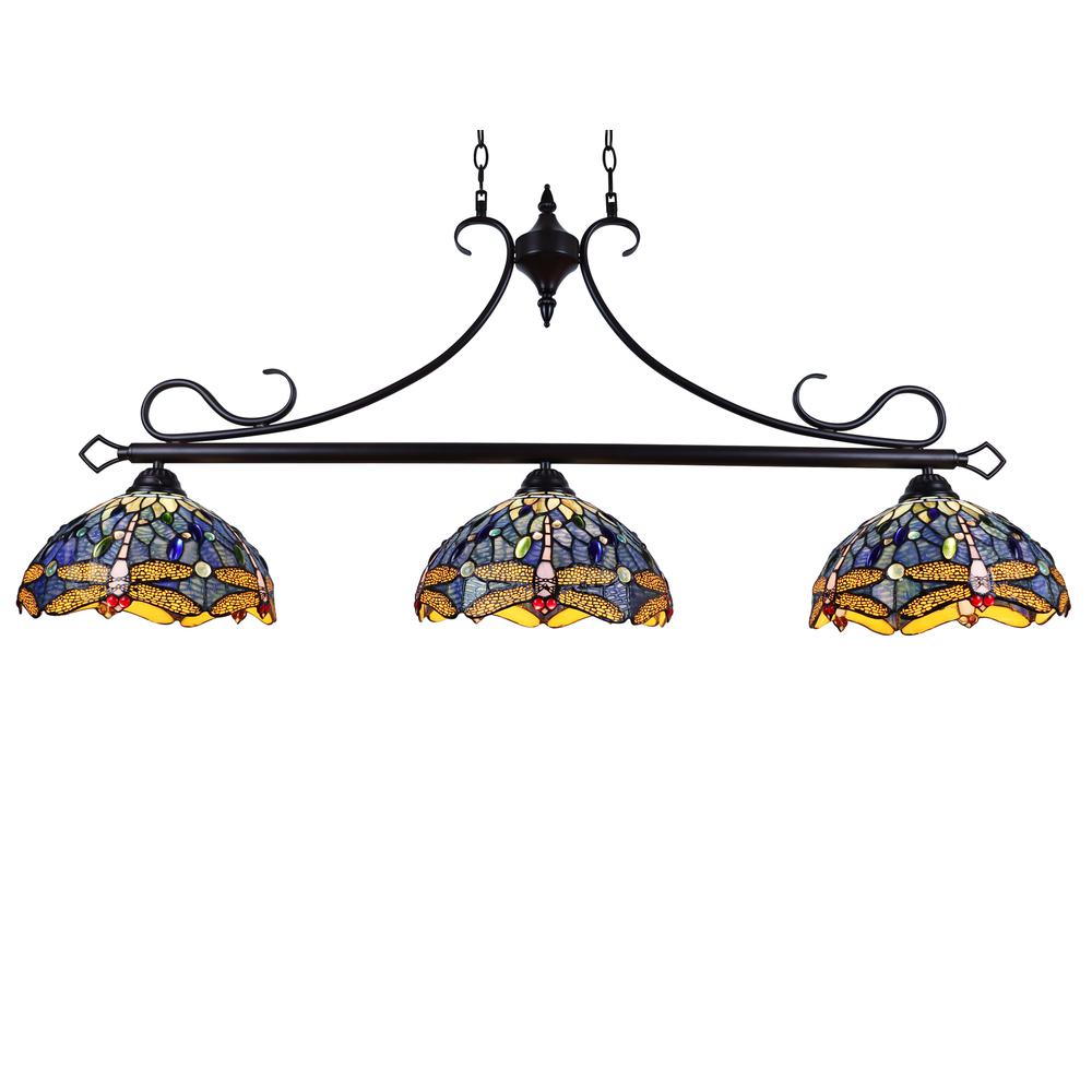 CHLOE Lighting SUNNIVA Dragonfly Tiffany-Style 3 Light Island Pendant 25" Wide. Picture 1
