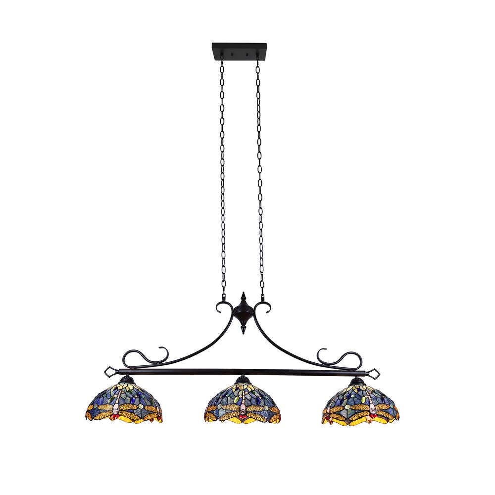CHLOE Lighting SUNNIVA Dragonfly Tiffany-Style 3 Light Island Pendant 25" Wide. Picture 3